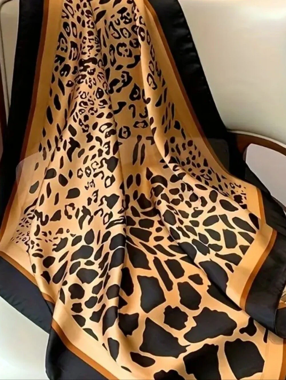 Silk-feel Leopard Print Square Scarf - Black and Tan Head Scarf, Neck Scarf